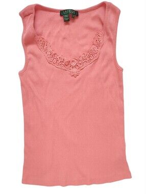 Lauren Ralph Lauren Coral/Pink Ribben Tank Top W/Lace Trim Size S 100% Cotton